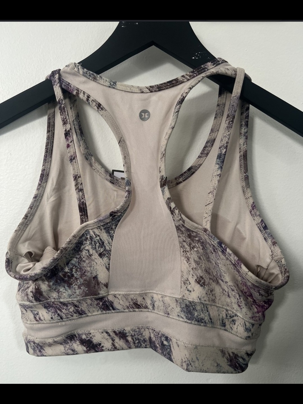 RBX Beige and Purple Marble-Print Racerback Sports Bra